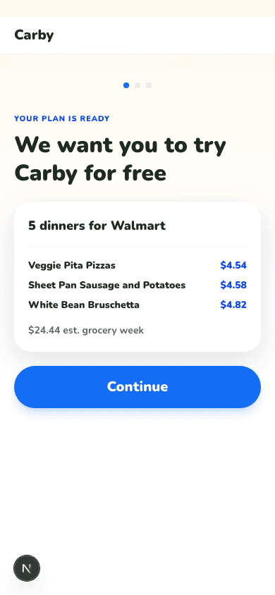 Carby free trial offer with five Walmart dinners and weekly grocery estimate