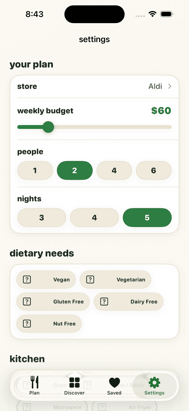 Carby settings screen with store, budget slider, and dietary needs